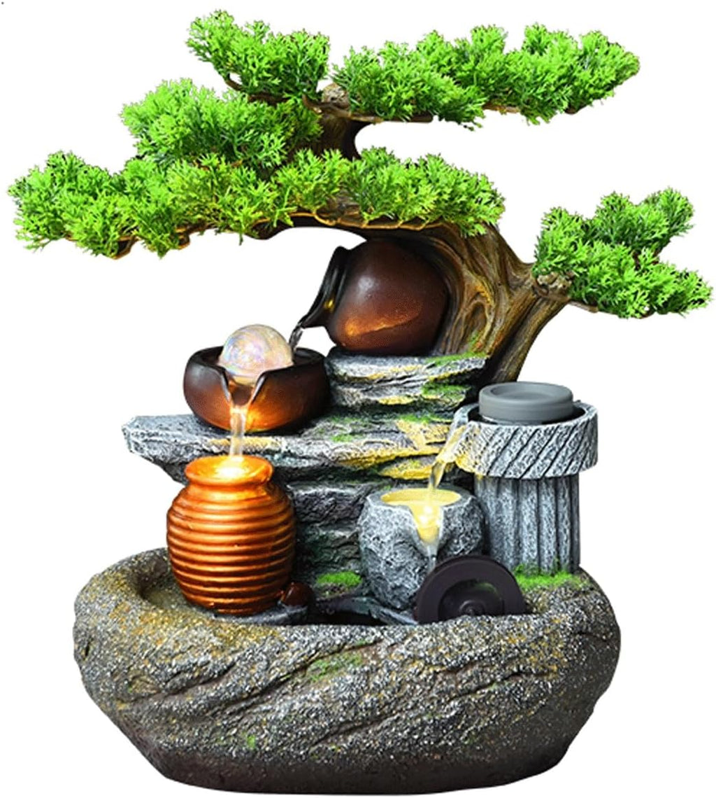 Rockery Stream Tabletop Fountain Desktop Waterfall Feature with Artificial Tree & Glass Bead Indoor Water Fountain for Home