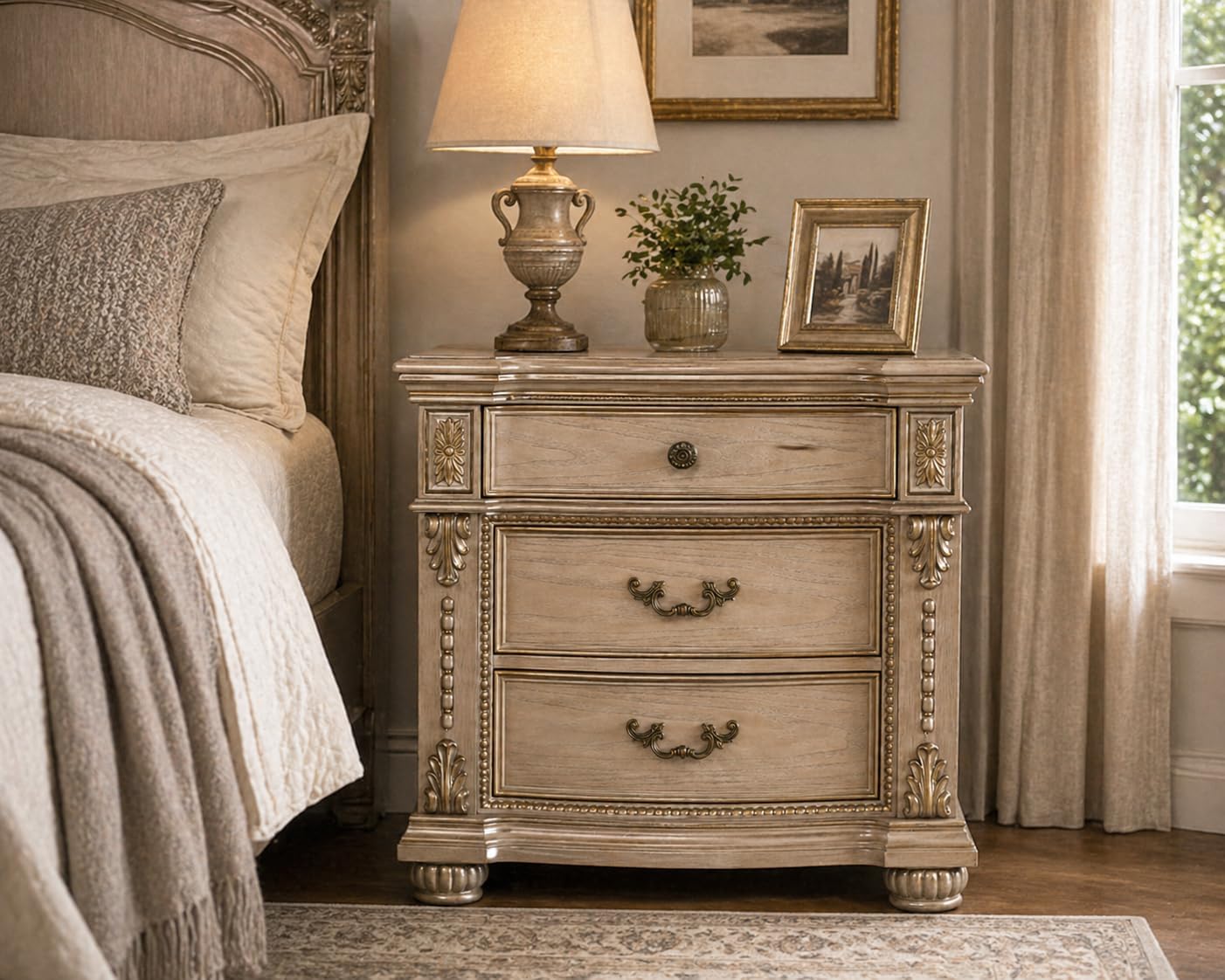 First of a Kind Nightstand Bedroom Furniture Evelyn Champagne Traditional Wood Bedside Table Ornate European Inspired Design Classic Bedroom Nightstand Coordinated Furniture Style