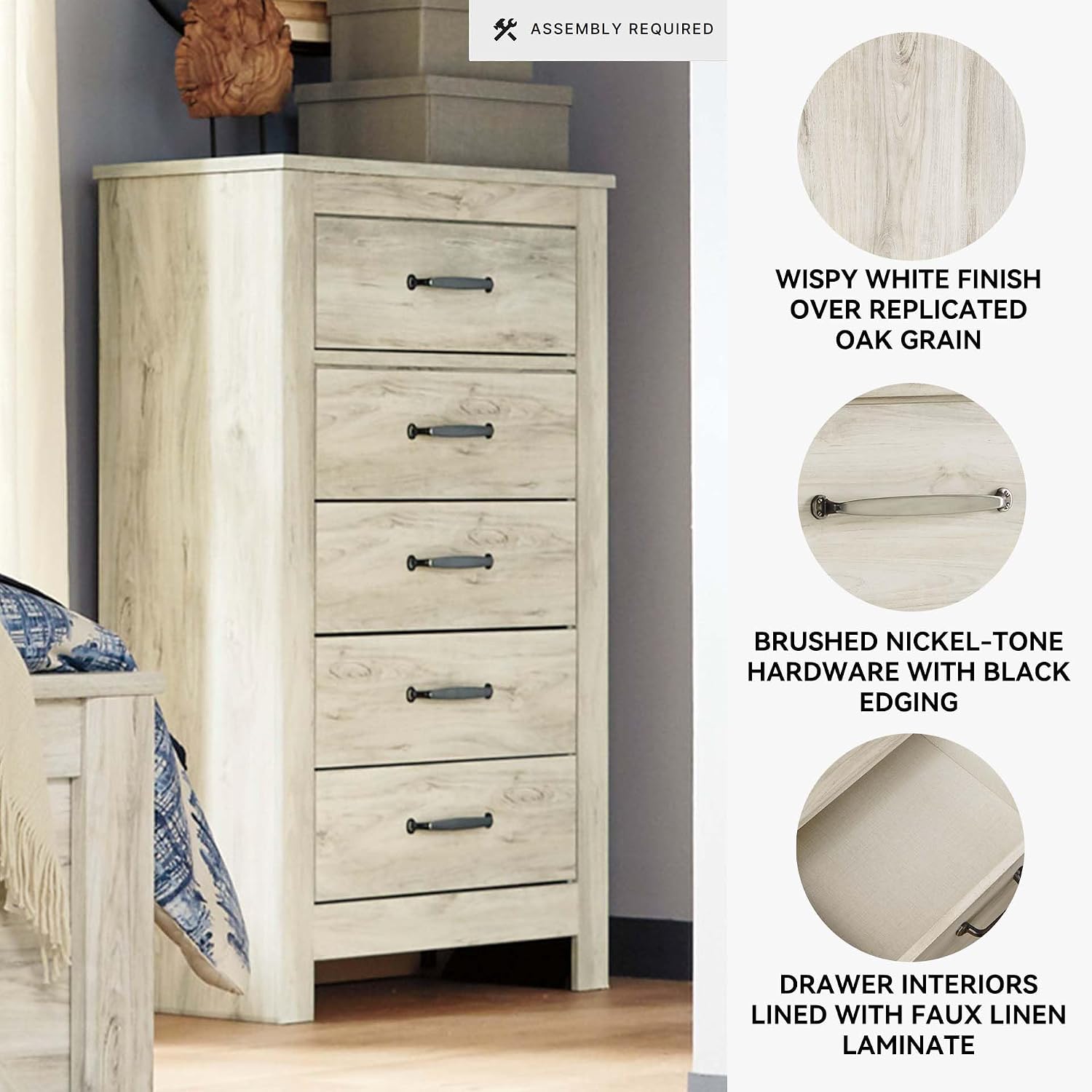 Signature Design by Ashley Bellaby Vintage Farmhouse 5 Drawer Chest of Drawers, Whitewash