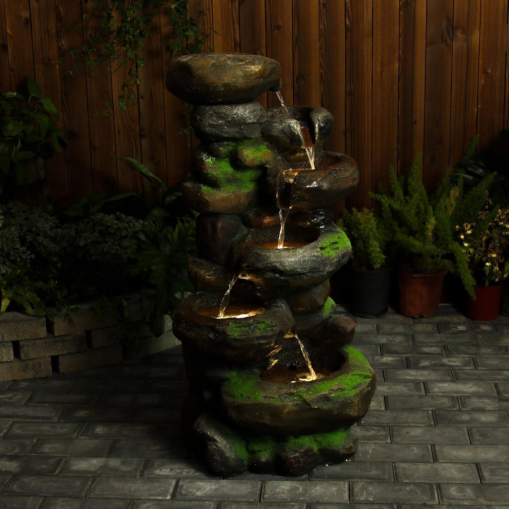 YZM 37.4' H 6-Tiers Cascading Rock Outdoor Water Fountain with LED Lights Outdoor Fountains and Waterfalls for Garden Patio Yard Deck Decor with Natural Stone Look
