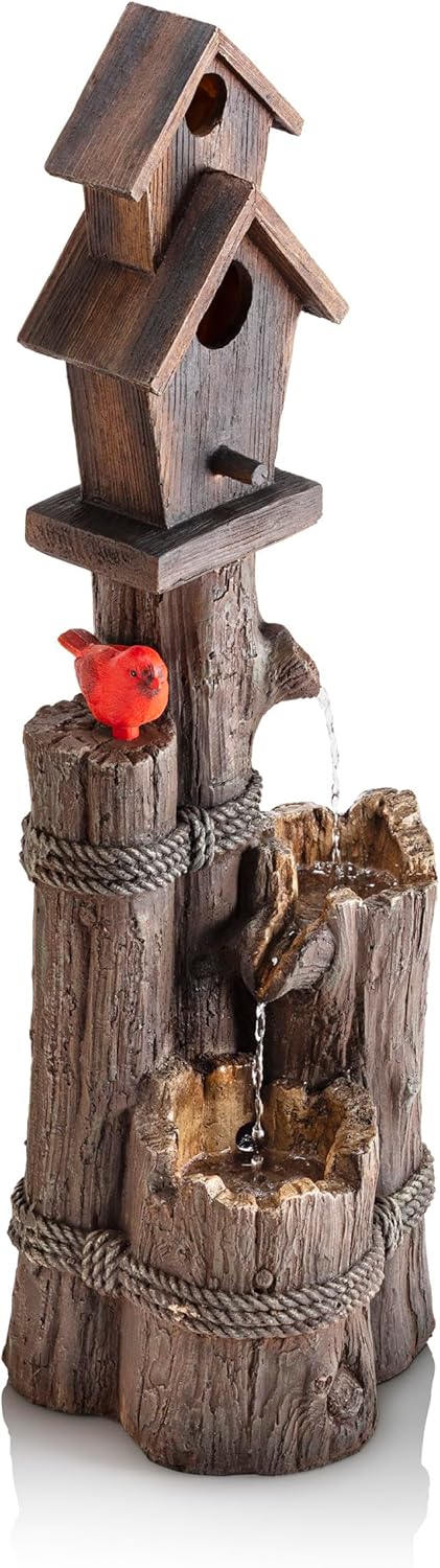 Alpine Corporation 35' Tall Outdoor 3-Tier Birdhouse Water Fountain with Cardinal Accent, Rustic Floor Decor for Garden and Patio, Brown