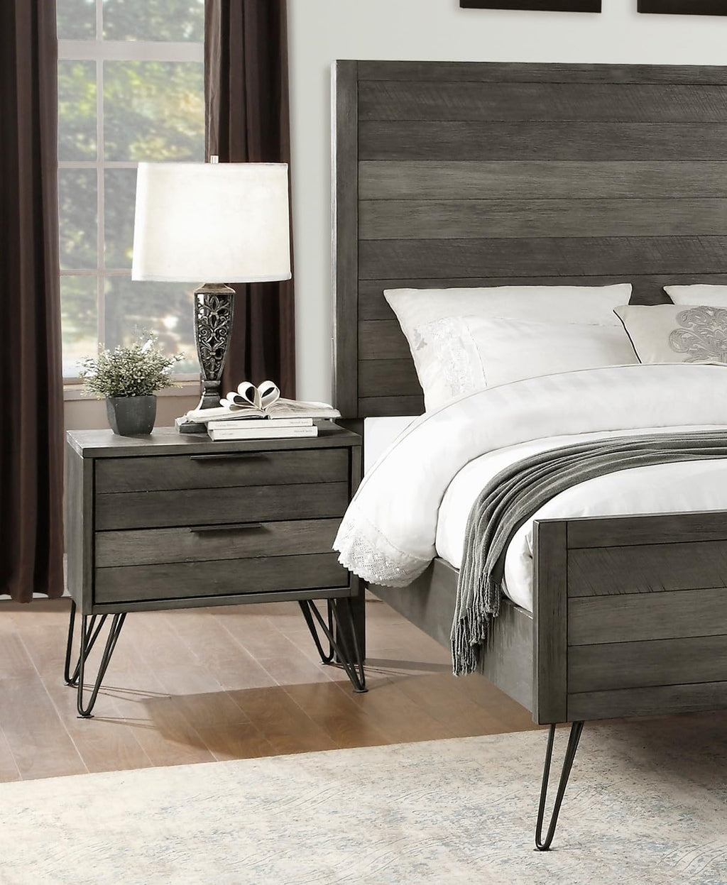5-Piece Modern Queen Size Bed Set Panel Gray Finish Solid Acacia Wood Metal Legs Bedroom Furniture