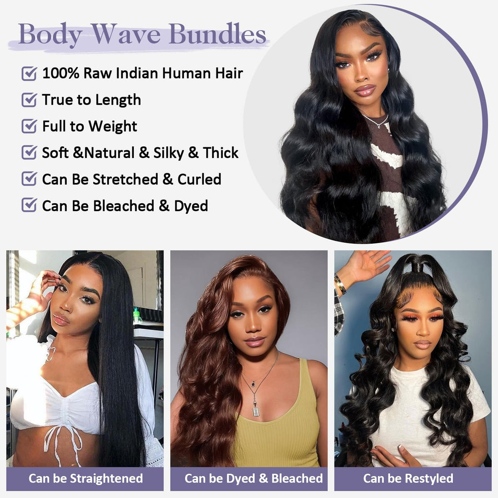 Body Wave Human Hair Bundles 12A Raw Bundles Human Hair,16 18 20 22 Inch Indian Virgin Bundles Human Hair Quick Weave, Triple Lifespan No Tangle Shedding Keep Texture Silky Soft After Multiple Washes