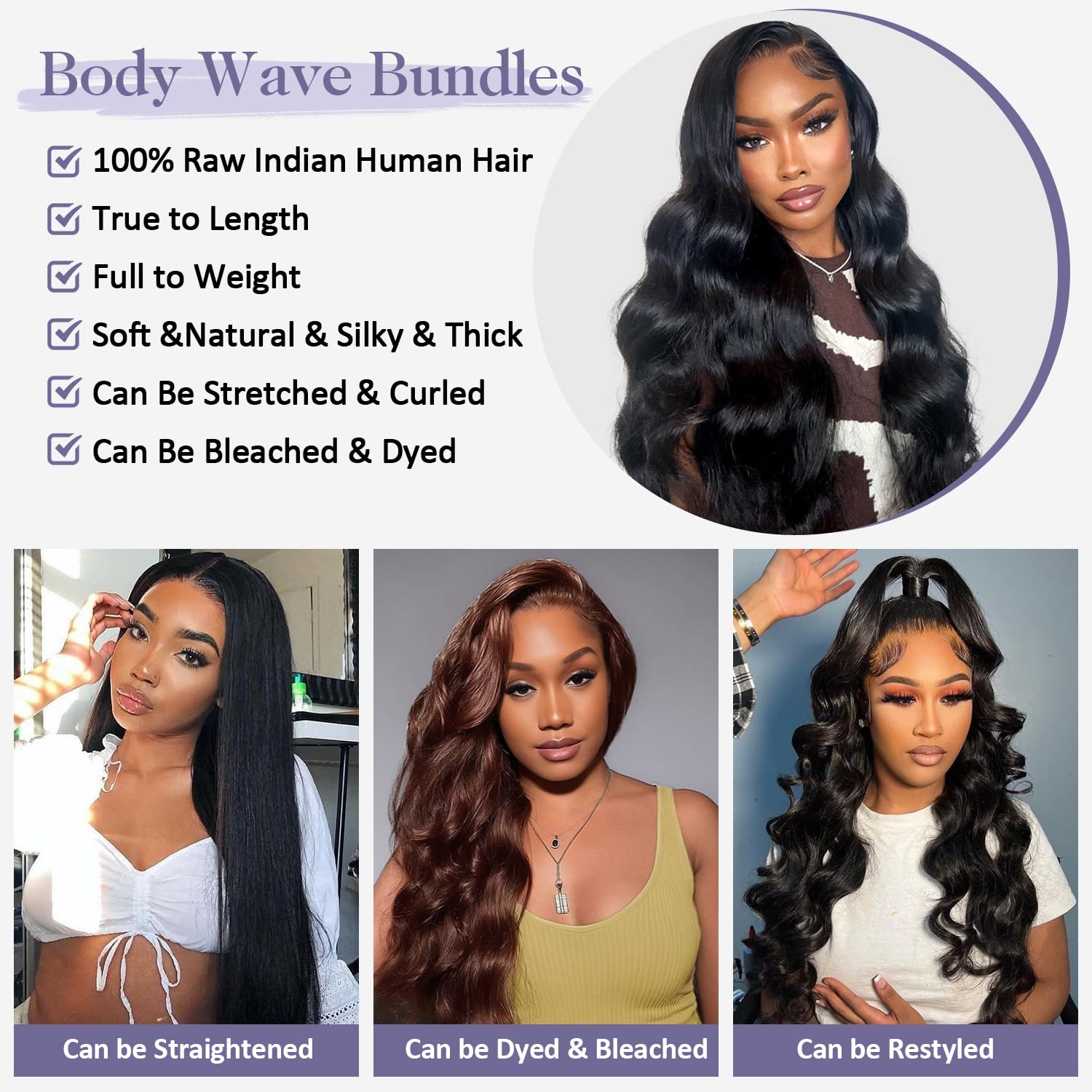 Body Wave Human Hair Bundles 12A Raw Bundles Human Hair,16 18 20 22 Inch Indian Virgin Bundles Human Hair Quick Weave, Triple Lifespan No Tangle Shedding Keep Texture Silky Soft After Multiple Washes