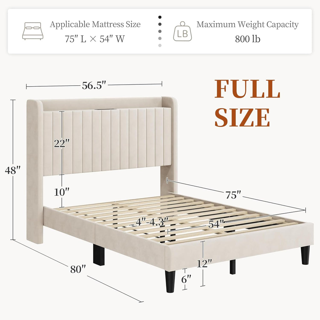 Yaheetech Full Size Bed Frame with USB Charging Station and Storage Shelf/Upholstered Headboard Platform Bed with Wing Side/Wooden Slats Support/Noise Free/No Box Spring Needed/Easy Assembly, Beige
