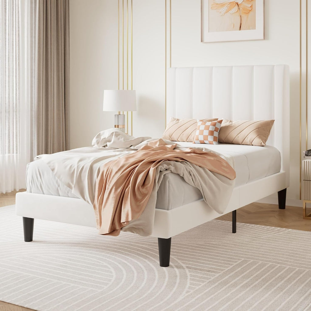 SHA CERLIN Twin Bed Frame/Velvet Upholstered Platform Bed Frame with Headboard/Strong Wood Slats Support/Mattress Foundation/No Box Spring Needed/Easy Assembly/White