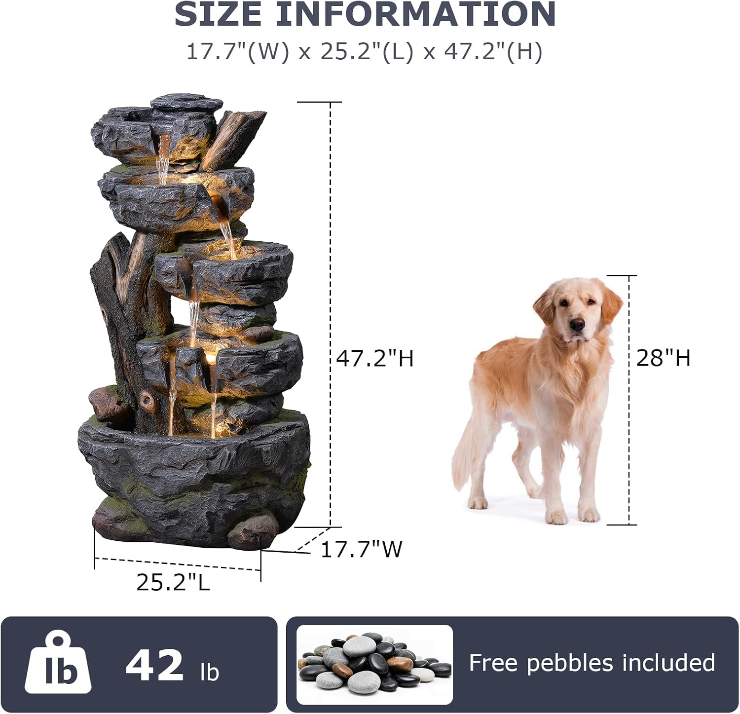 47.2' Tall Outdoor Water Fountain 5-Tier Large Cascading Waterfall Fountain Realistic Rock & Tree Trunk Design with LED Lights, Relaxing Water Flow for Garden, Patio, Backyard & Porch Decor