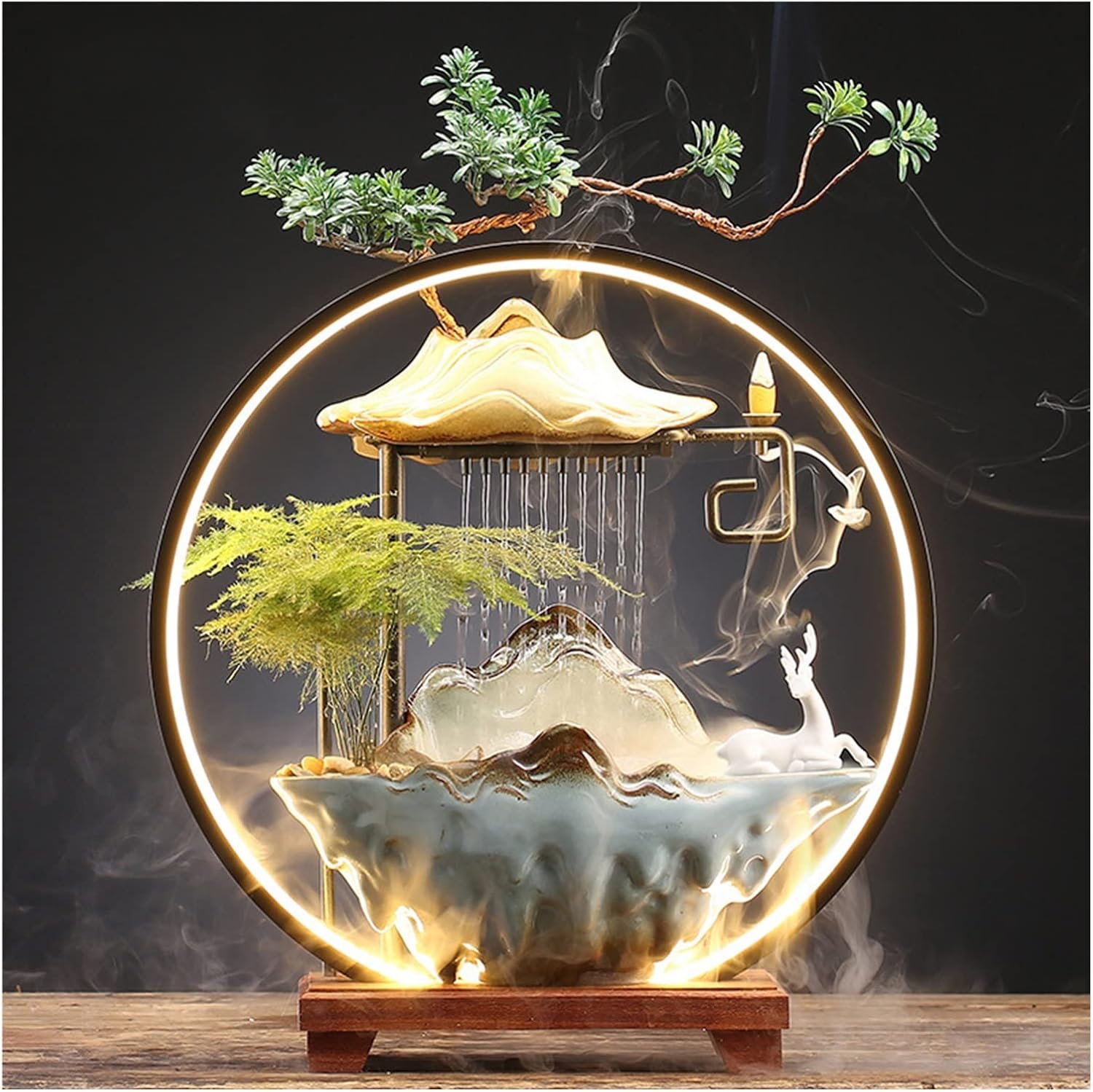 Ceramics Indoor Water Fountains Home Lucky Circulation Flowing Water Ornament Living Room Desktop Office Fountain with Mist and Backflow Incense Holder (Color : C)
