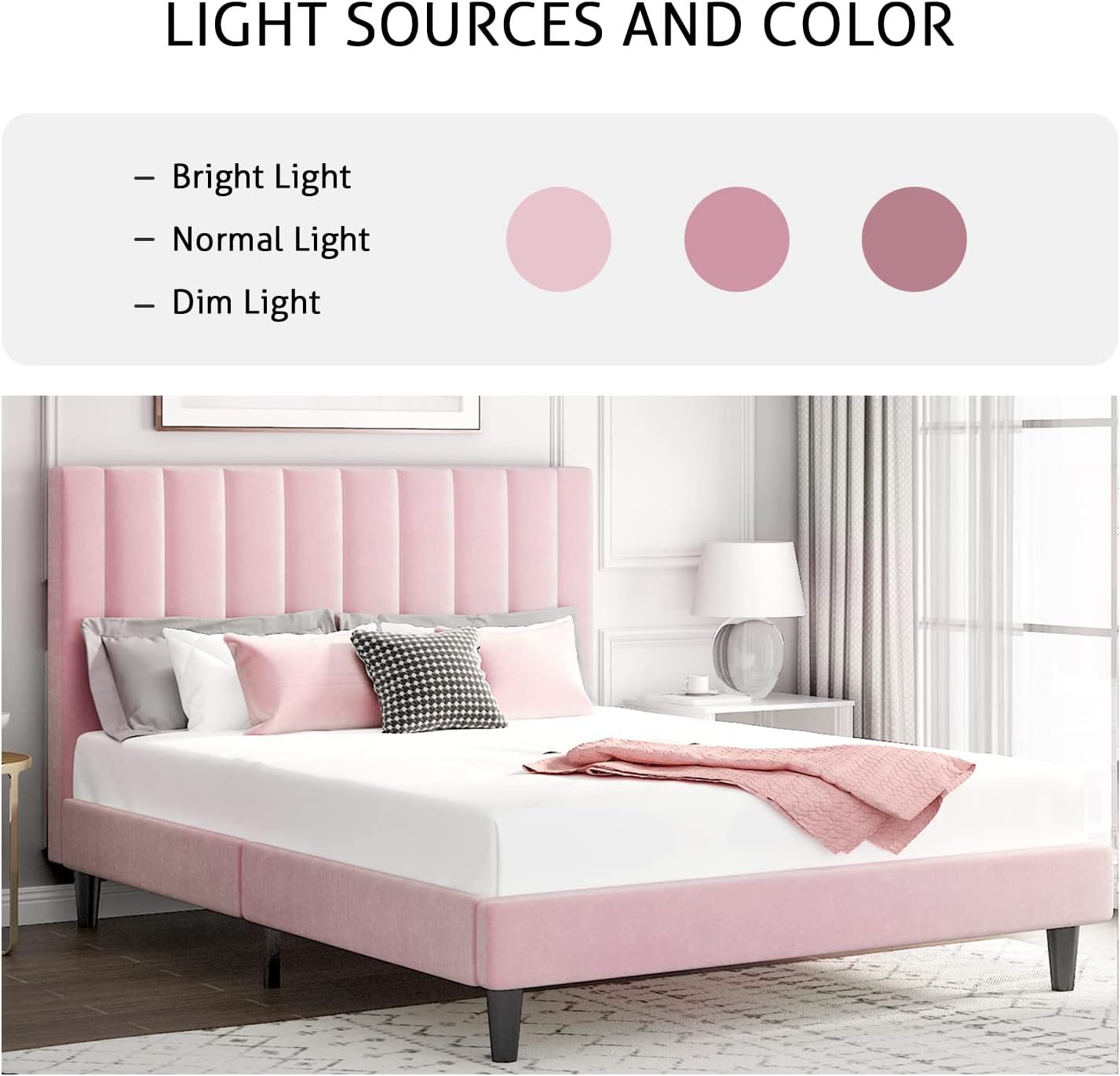 SHA CERLIN Queen Bed Frame/Velvet Upholstered Platform Bed Frame with Headboard/Strong Wood Slats Support/Mattress Foundation/No Box Spring Needed - Pink