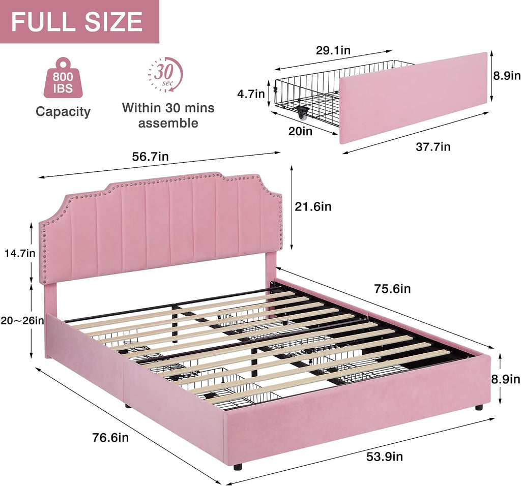 VECELO Full Upholstered Platform Bed Frame with 4 Storage Drawers,Velvet Vintage Full Bed with Nailhead Trim,Tufted Height Adjustable Headboard,Wooden Slats/No Box Spring Needed/Easy Assembly