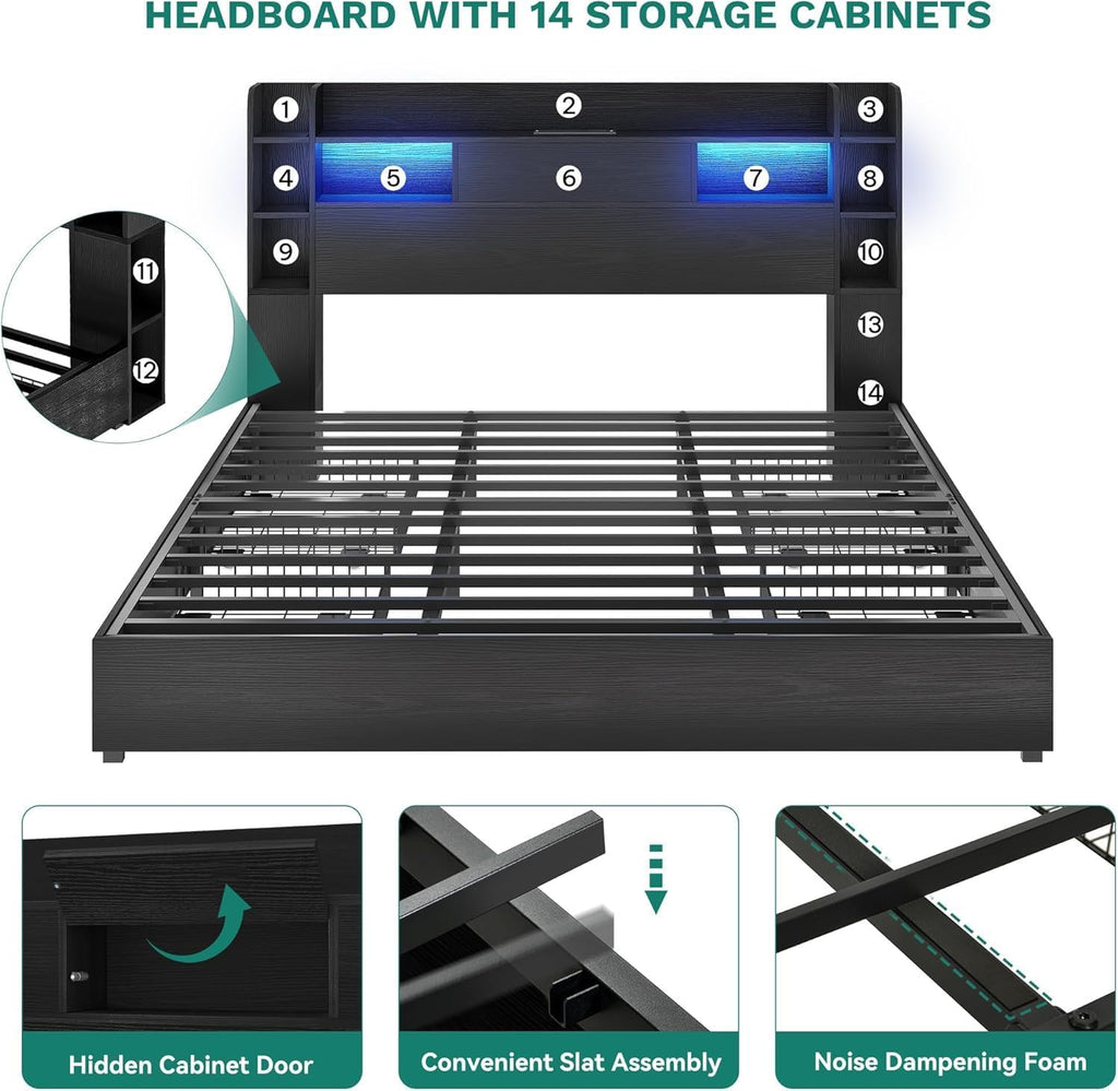 DWVO Queen Size Bed Frame with Bookcase Headboard and 4 Storage Drawers, RGB LED Bed Frame with Type-C & USB Charging Station Storage Headboard Bed, No Box Spring Needed, Noise Free, Black