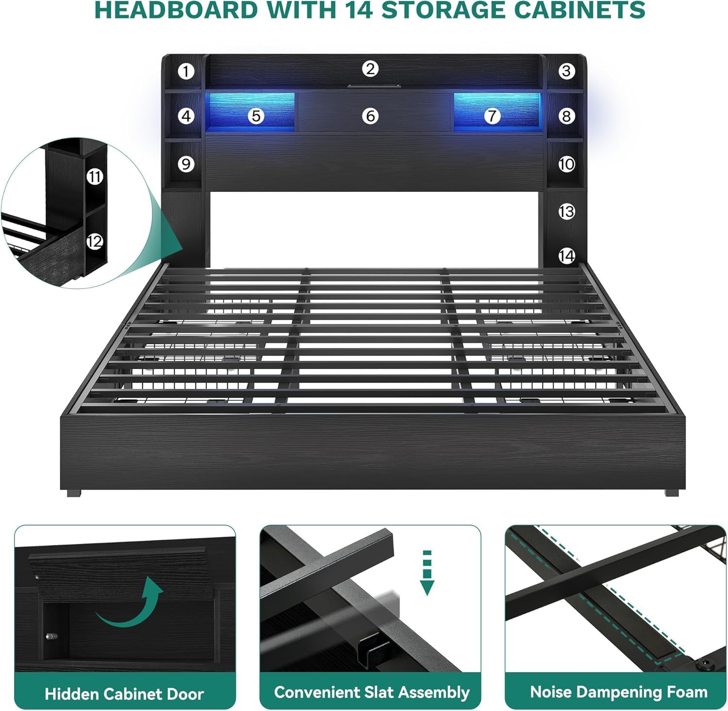DWVO Queen Size Bed Frame with Bookcase Headboard and 4 Storage Drawers, RGB LED Bed Frame with Type-C & USB Charging Station Storage Headboard Bed, No Box Spring Needed, Noise Free, Black