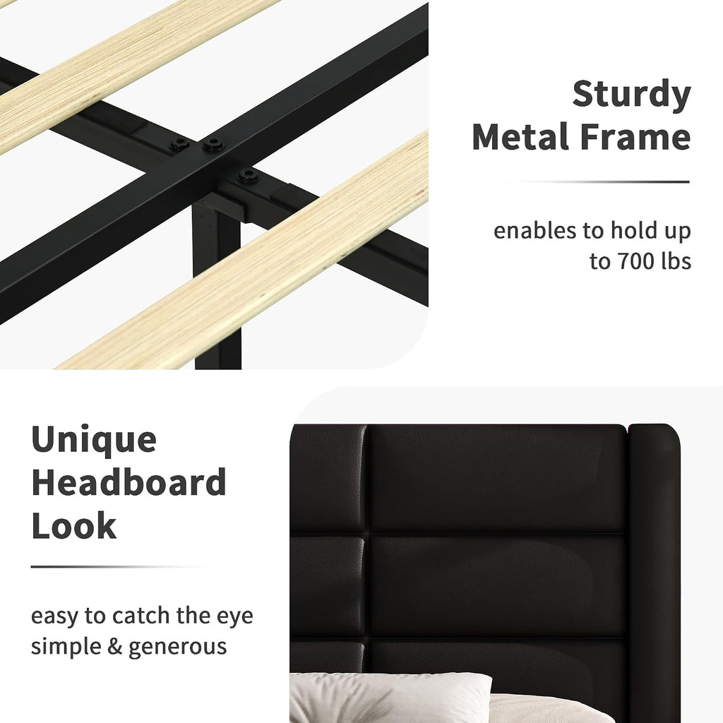 Full Size Upholstered Bed Frame with LED Lights Headboard, Modern Faux Leather Bed Frame with Wooden Slats Support and Heavy Duty Mattress Foundation, No Box Spring Needed, Easy Assembly, Black