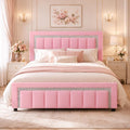 HOMBCK Queen Bed Frame, Upholstered Bed Frame with Diamond Headboard, Modern Queen Size Bed with Wooden Slats Support, Mattress Foundation, No Box Spring Needed, Easy Assembly, Pink