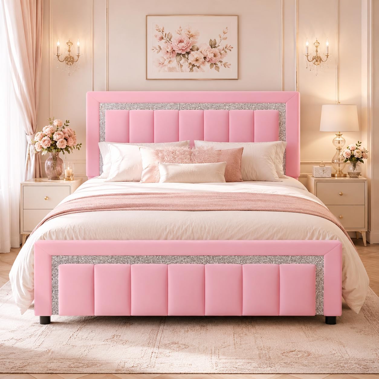 HOMBCK Queen Bed Frame, Upholstered Bed Frame with Diamond Headboard, Modern Queen Size Bed with Wooden Slats Support, Mattress Foundation, No Box Spring Needed, Easy Assembly, Pink