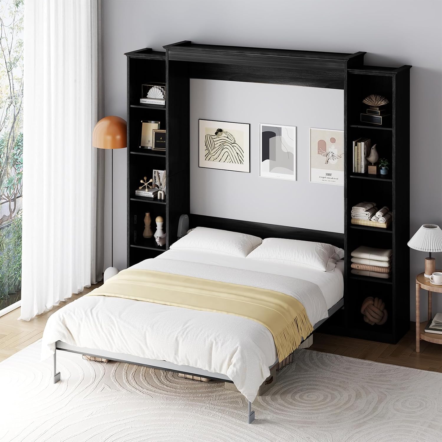 Rophefx Queen Murphy Bed Cabinet with 5-Tier Adjustable Storage Shelves, Wood Queen Wall Bed Cabinet Bed Frame, Space Saving Beds, Hidden Bedframe, Foldable Platform Beds for Guest Room, Black Gray