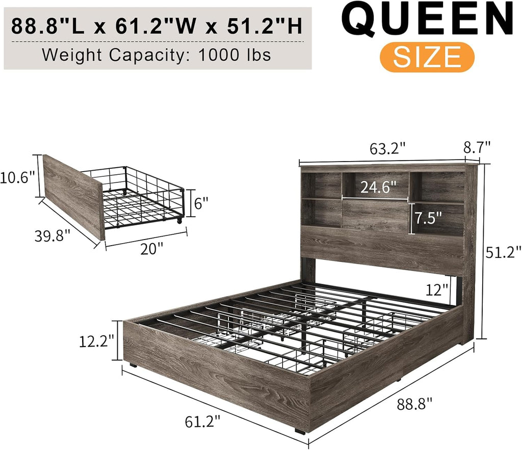 LUXOAK Queen Size Bed Frame with LED Bookcase Headboard, Wooden Storage Bed with Charging Station & 4 Drawers, No Box Spring Needed/Noise-Free/Rustic Grey