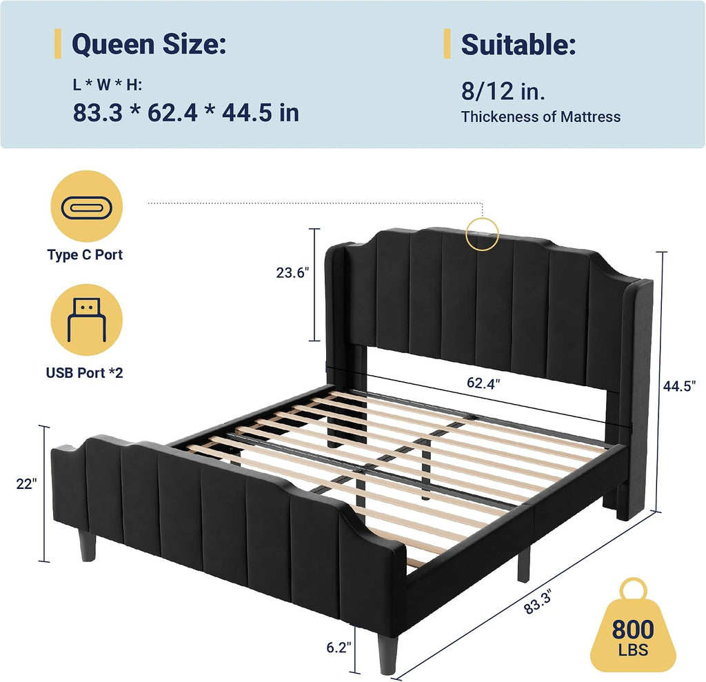 Allewie Vintage Queen Size Velvet Platform Bed Frame with Curved Vertical Tufted Wingback Headboard and Footboard, Charging Station, Easy Assembly, Under Bed Storage, No Box Spring Required, Black