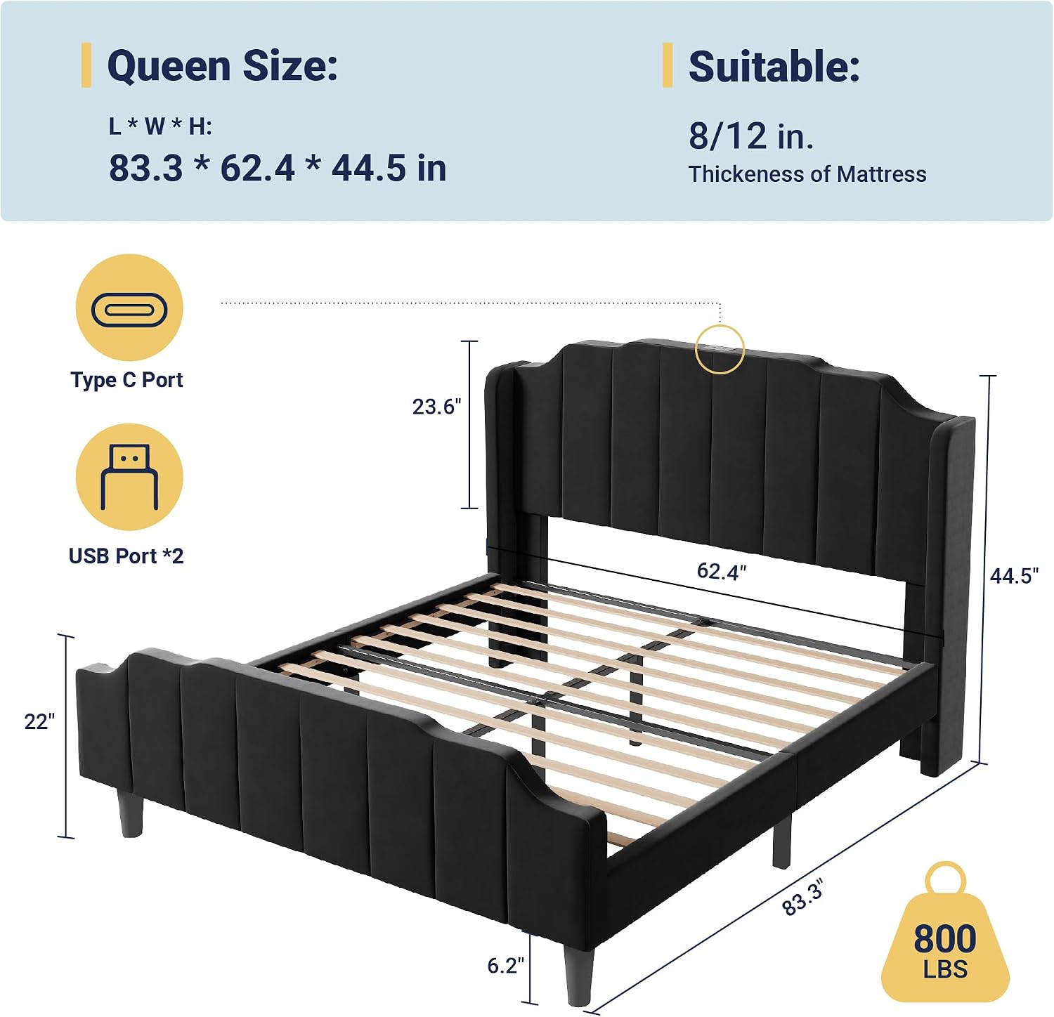 Allewie Vintage Queen Size Velvet Platform Bed Frame with Curved Vertical Tufted Wingback Headboard and Footboard, Charging Station, Easy Assembly, Under Bed Storage, No Box Spring Required, Black