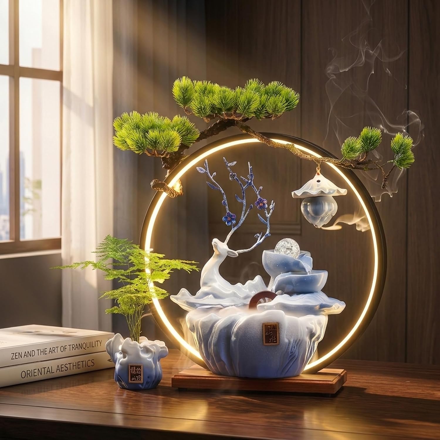 Tabletop Water Fountain, 17.3'Tall Deer Statue Waterfall Fountain with Incense Holder, LED Light & Adjustable Pump, Zen Relaxation Desk Fountains for Office,Living Room or Bedroom