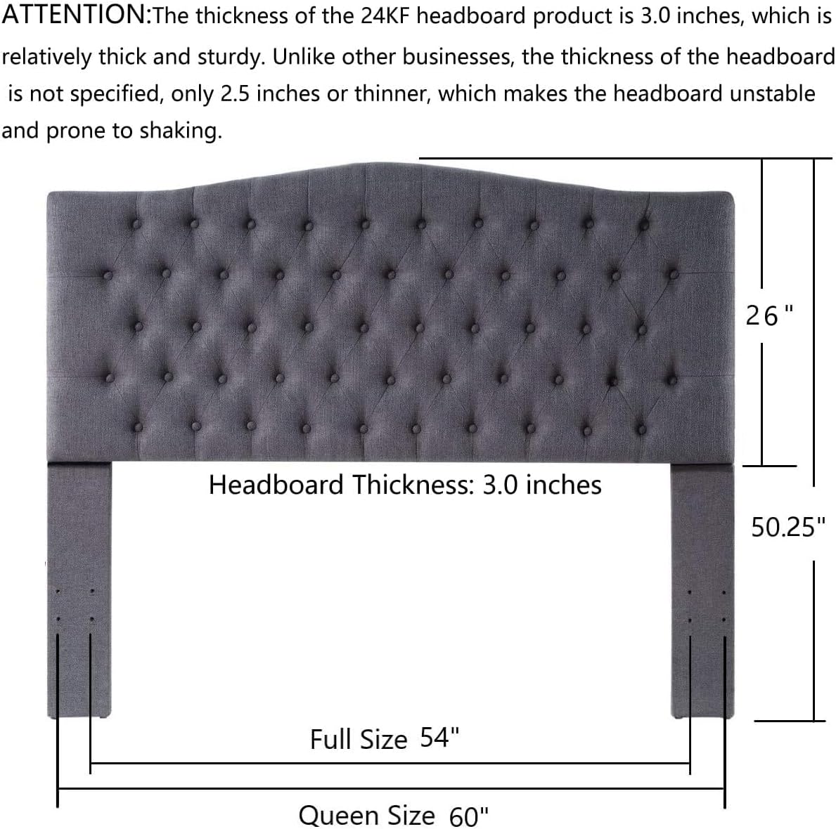24KF Upholstered Tufted Button Linen Fabric Headboard,Comfortable Fashional Headboard Queen/Full Size,Dark Gray
