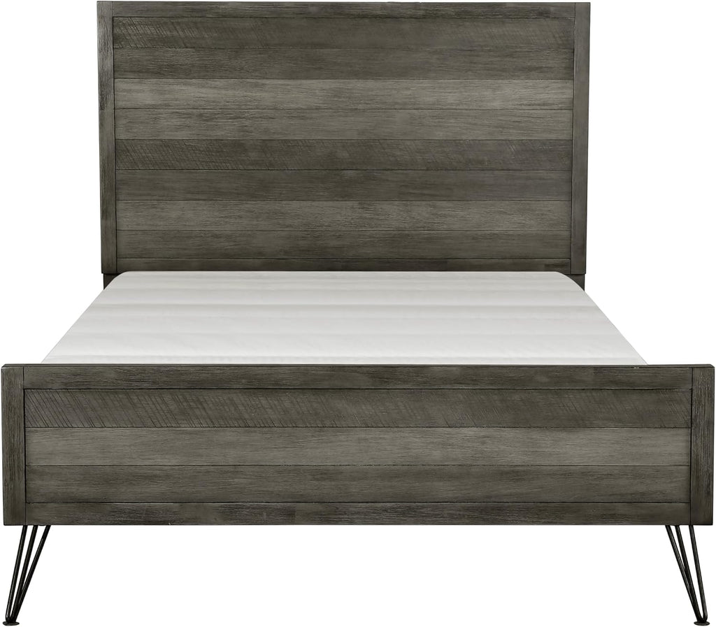 5-Piece Modern Queen Size Bed Set Panel Gray Finish Solid Acacia Wood Metal Legs Bedroom Furniture