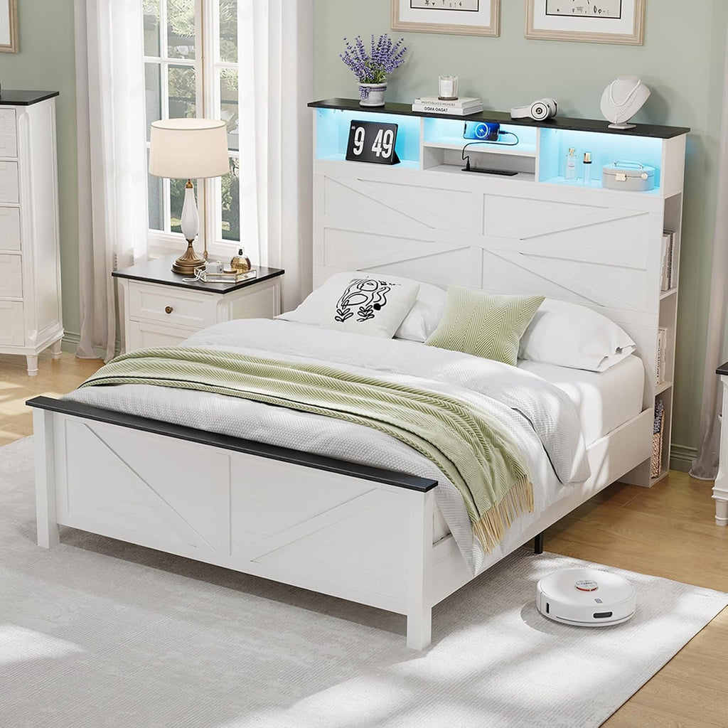 Farmhouse Full Size Bed Frame with 51' Tall Storage Headboard, 3-Tier Bookcase on Both Sides, Wooden Full Bed Frame with Charging Station and LED Lights, Noise Free, No Box Spring Needed, White