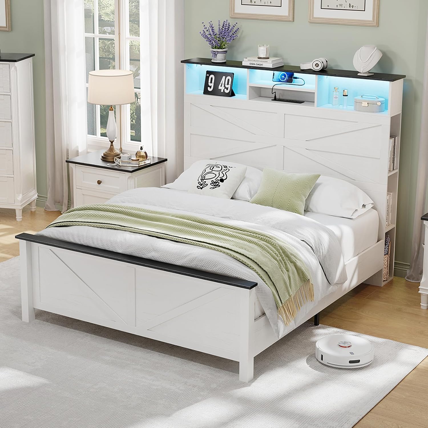 Farmhouse Full Size Bed Frame with 51' Tall Storage Headboard, 3-Tier Bookcase on Both Sides, Wooden Full Bed Frame with Charging Station and LED Lights, Noise Free, No Box Spring Needed, White