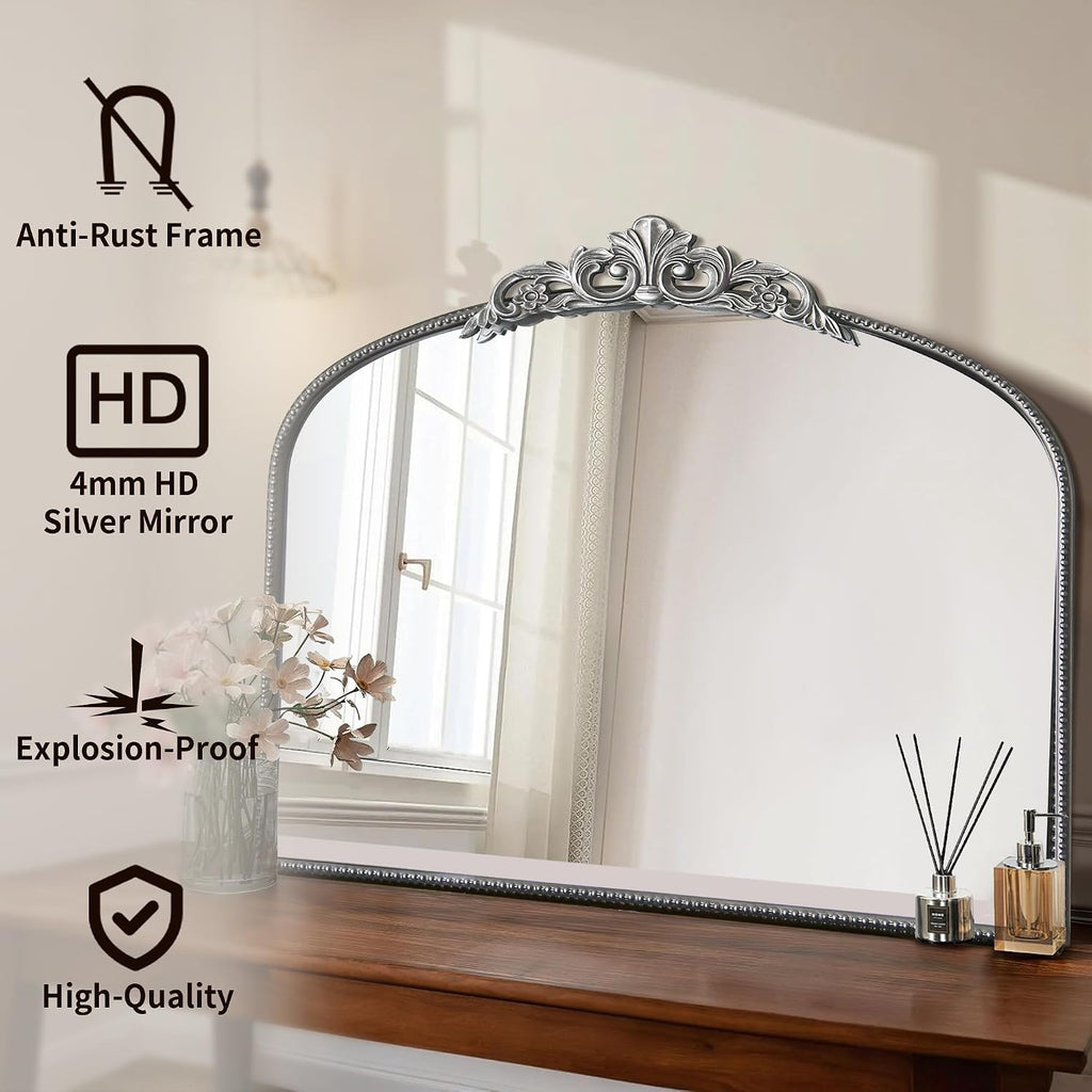 Micasso Vintage Silver Arched Mirror: 36'x29' French Baroque Antique Wall Mounted Mirror - Traditional Ornate Decorative for Wall/Fireplace/Entryway/Bathroom/Hallway - Home Decor for Living Room
