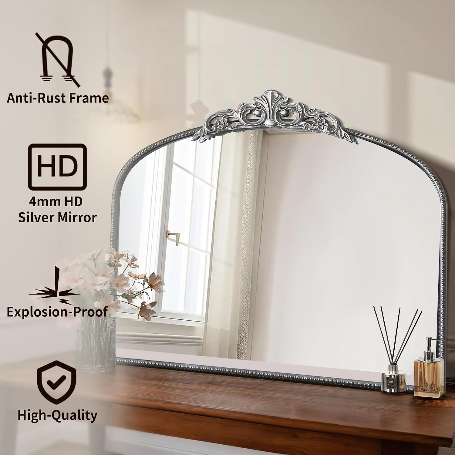 Micasso Vintage Silver Arched Mirror: 36'x29' French Baroque Antique Wall Mounted Mirror - Traditional Ornate Decorative for Wall/Fireplace/Entryway/Bathroom/Hallway - Home Decor for Living Room