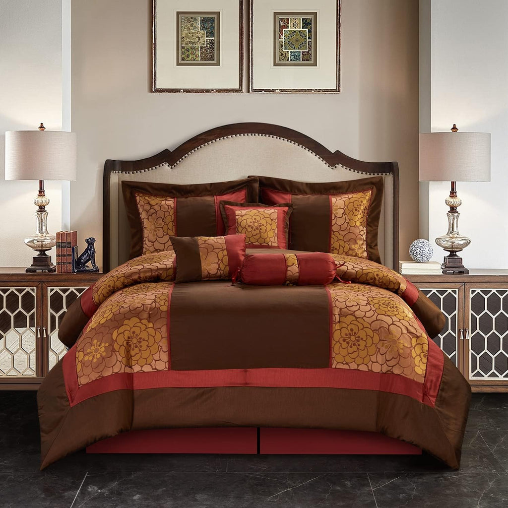 Stratford Park Red/Brown Comforter Sets King Size, 7 Piece, Home Decor, Premium Lightweight Microfiber, All Season Bedding Set, Matching Bedskirt, Pillows & Shams