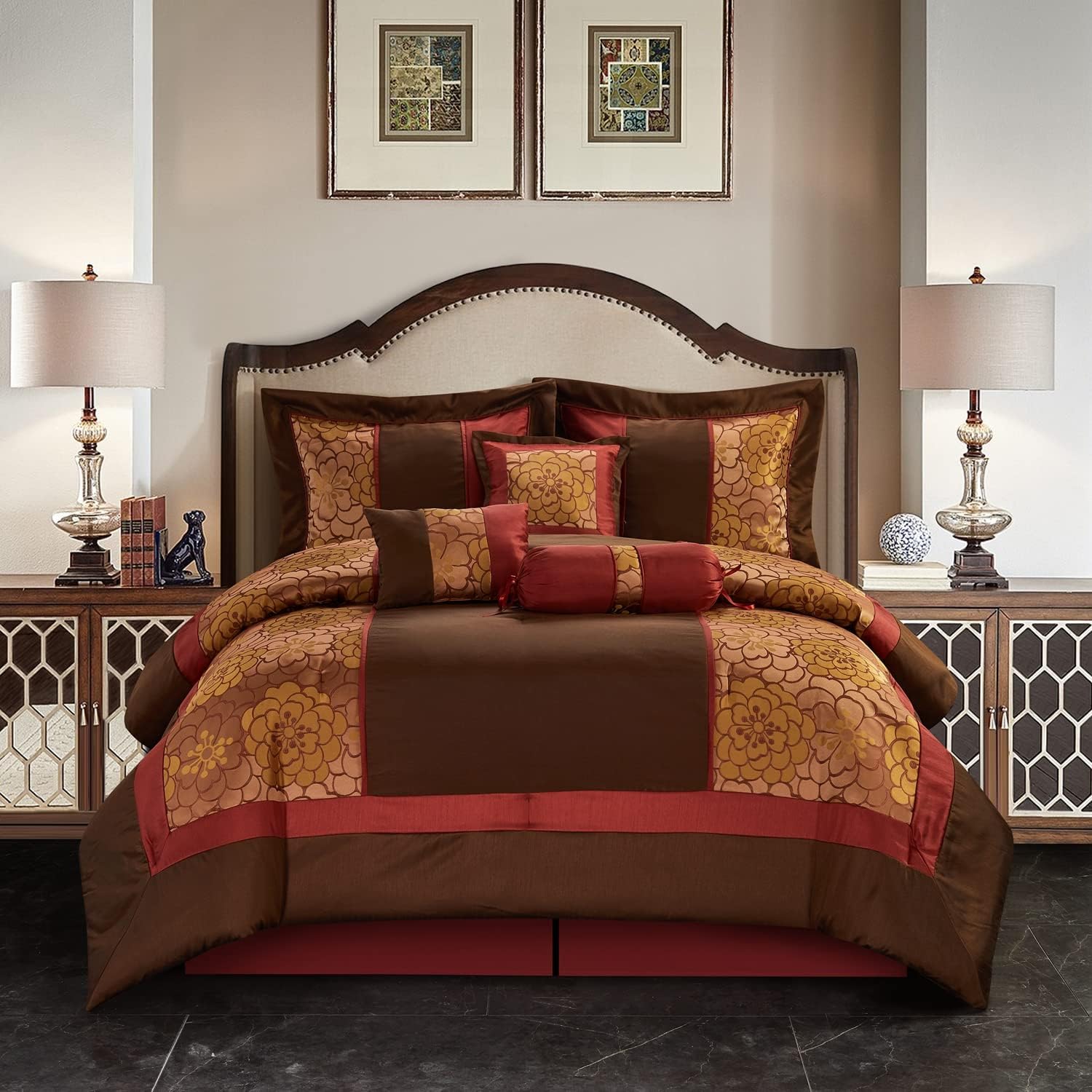 Stratford Park Red/Brown Comforter Sets King Size, 7 Piece, Home Decor, Premium Lightweight Microfiber, All Season Bedding Set, Matching Bedskirt, Pillows & Shams