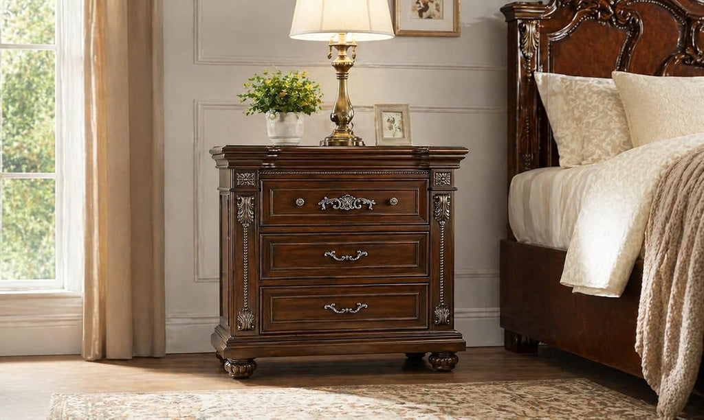 First of a Kind Nightstand Traditional Wood Bedside Table Cherry Oak Finish Classic European Design Bedroom Nightstand Elegant Coordinated Furniture Piece for Traditional Interiors