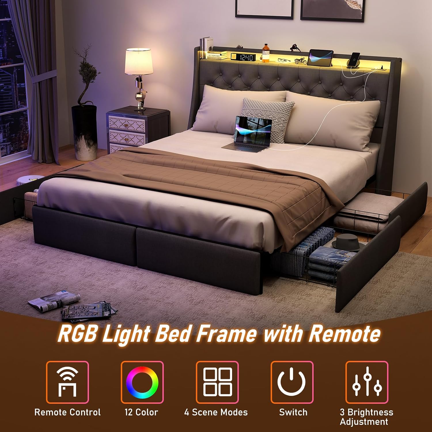 SADENICEL Queen Bed Frame with Storage Headboard, Metal Platform Bed Frame Queen Size with 4 Drawer, LED Light, Charging Station, No Box Spring Needed, Noise Free, Easy Assembly, Grey