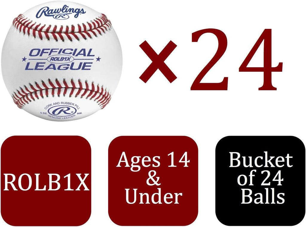 Rawlings | Official League Competition Grade Baseballs | ROLB1X | Game/Practice Use | Youth/14U | Bucket | 24 Count