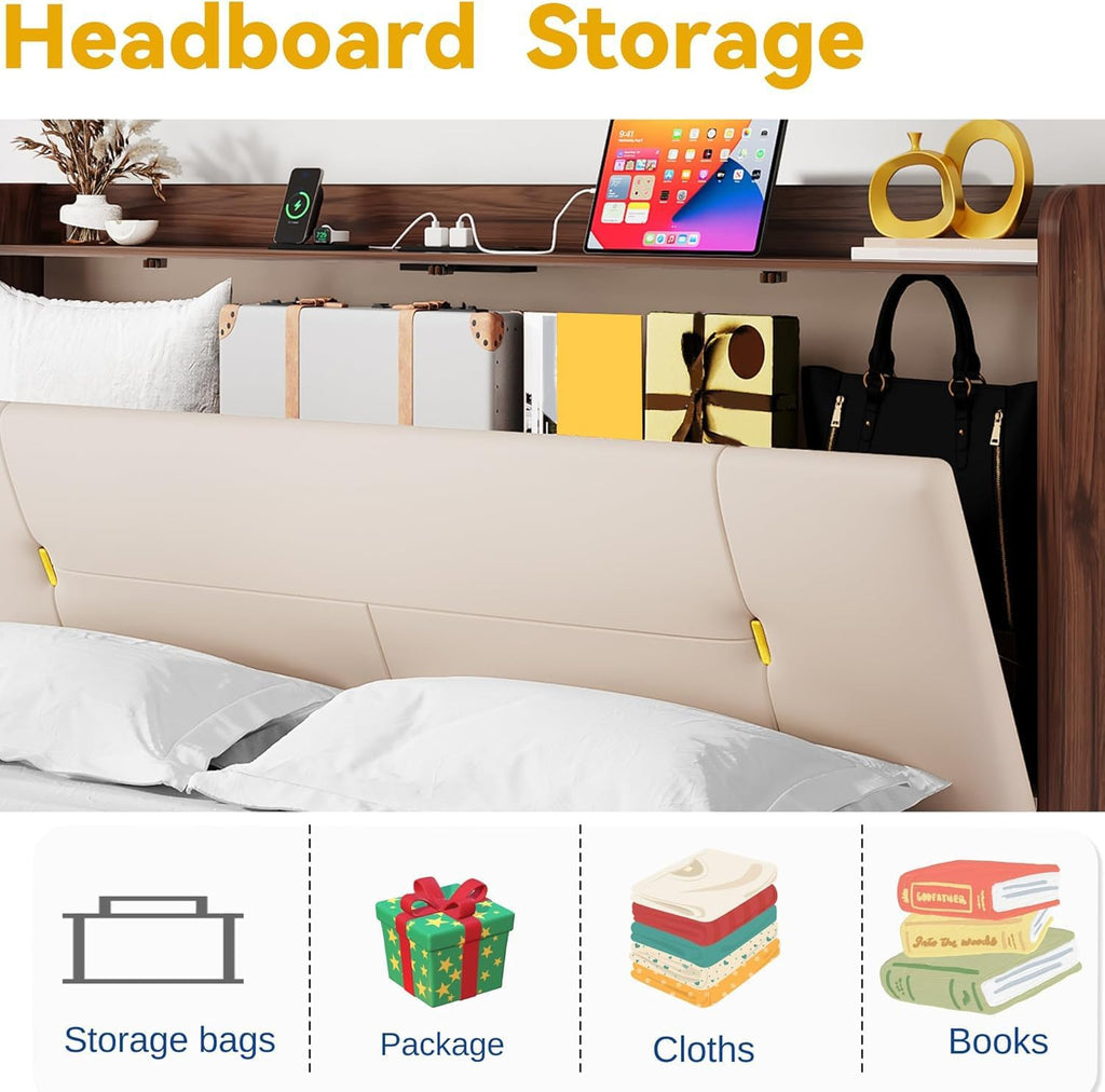 YITAHOME Floating Bed Frame King with USB-C/A Charging Station & Led Light, PU Upholstered Platform Bed with Hidden Storage Headboard, Heavy Duty Metal Slats, No Box Spring Needed, Beige