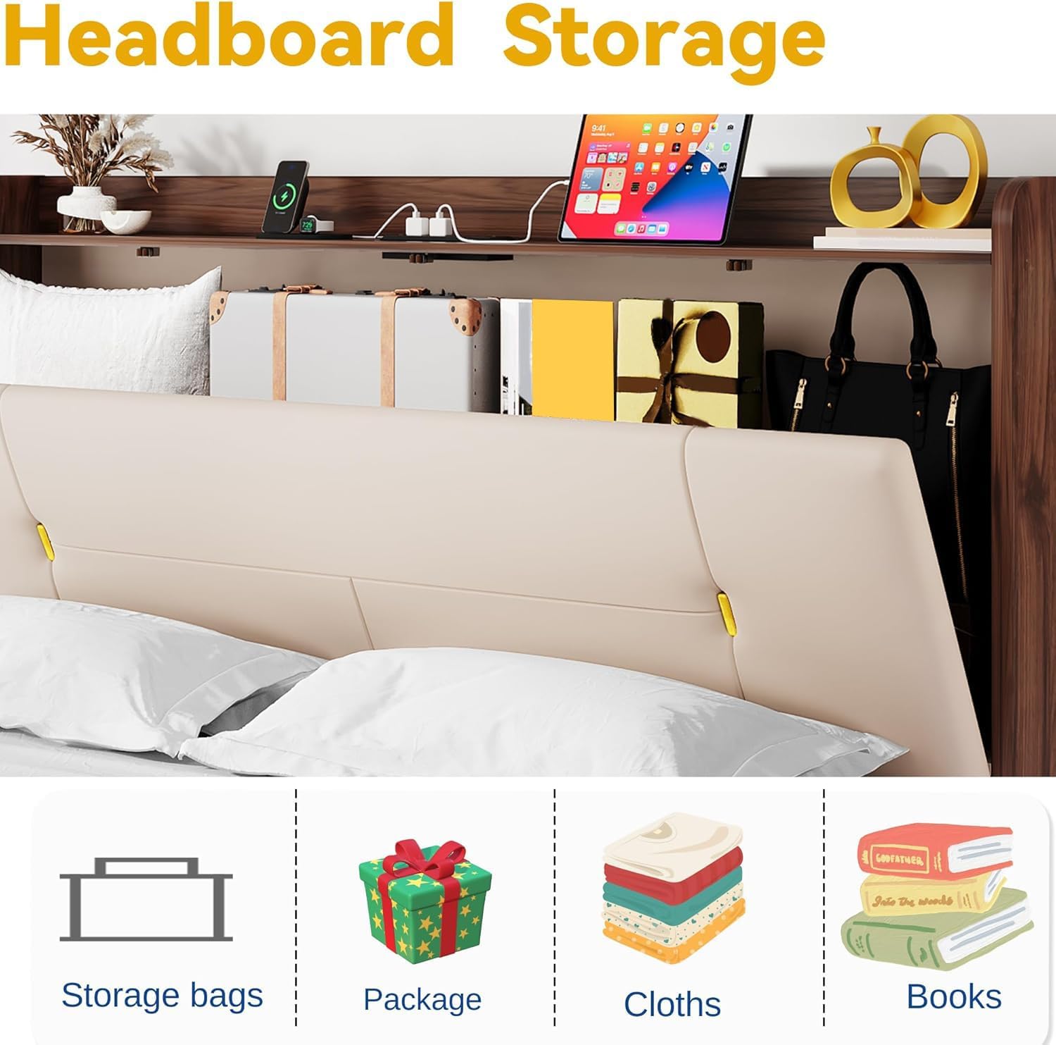 YITAHOME Floating Bed Frame King with USB-C/A Charging Station & Led Light, PU Upholstered Platform Bed with Hidden Storage Headboard, Heavy Duty Metal Slats, No Box Spring Needed, Beige