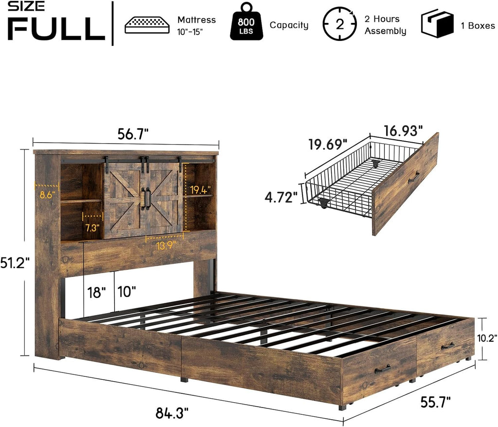HOWE Farmhouse Full Size Bed Frame with 51.2' Bookcase Headboard, Wooden Platform Bed with 2 Drawers, Sliding Barn Door Dec, Storage Bed with Charging Station, No Box Spring Needed, Rustic Brown