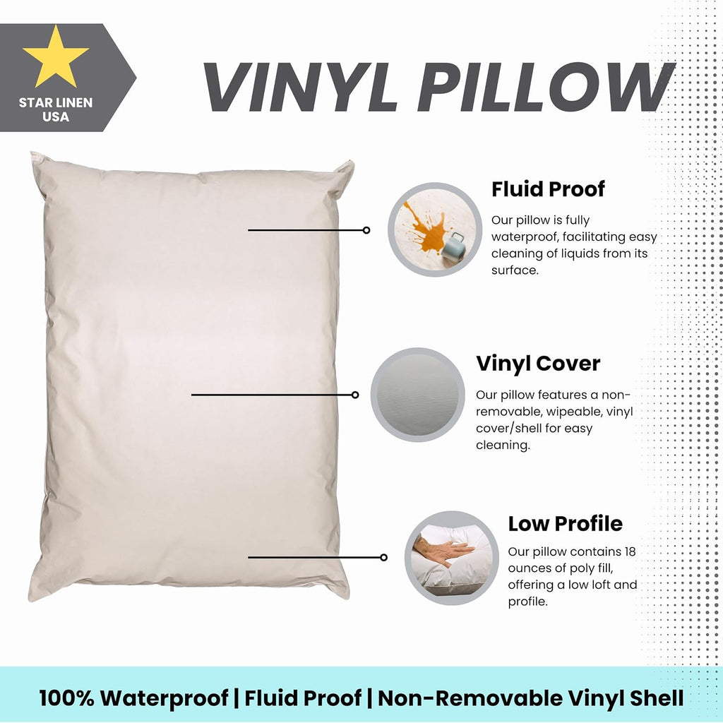 12 Pack MediCheck White Vinyl Covered Bed Pillows - Wipeable Easy Clean - Soft Low Profile Non-Fluffy Support - 20 in x 26 in