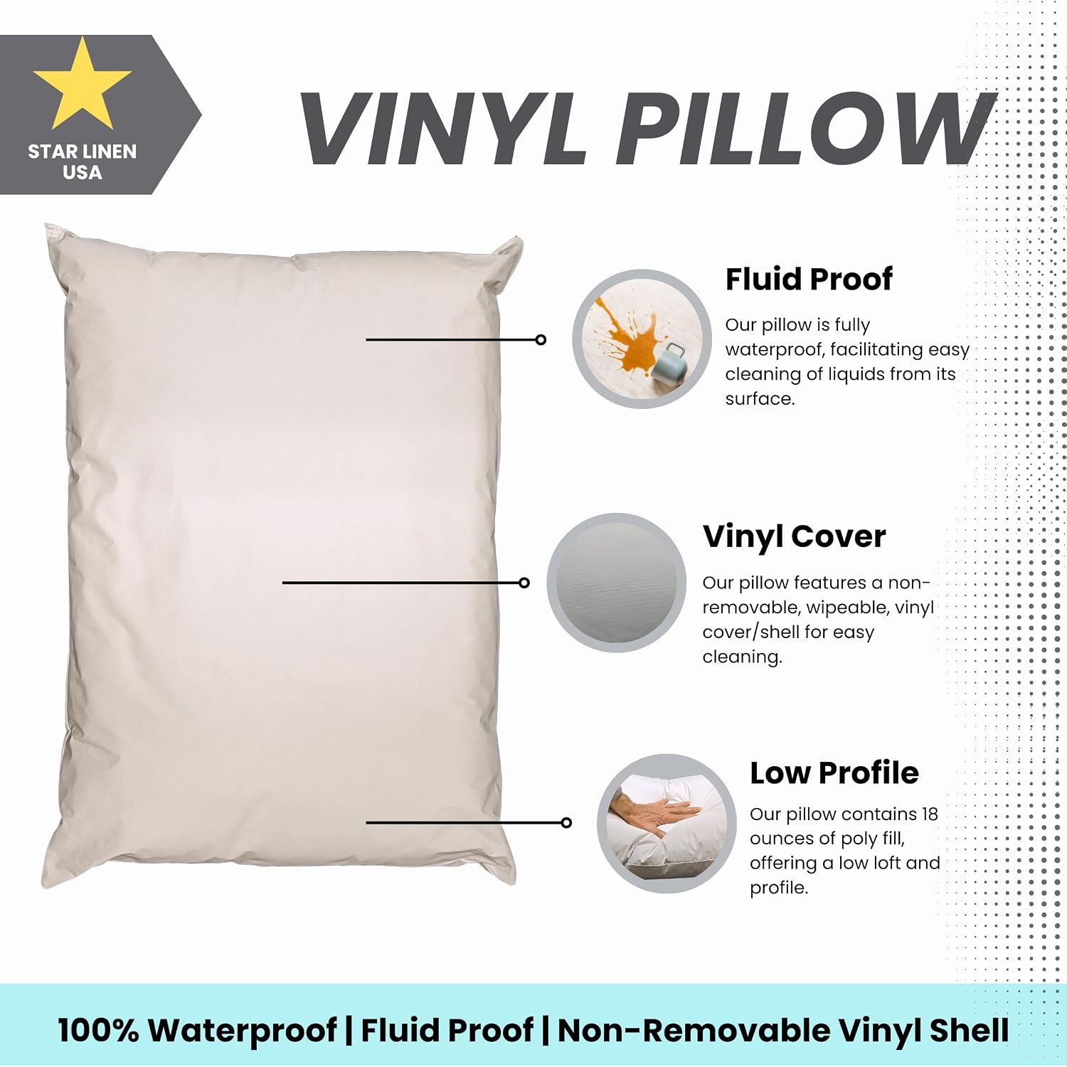 12 Pack MediCheck White Vinyl Covered Bed Pillows - Wipeable Easy Clean - Soft Low Profile Non-Fluffy Support - 20 in x 26 in