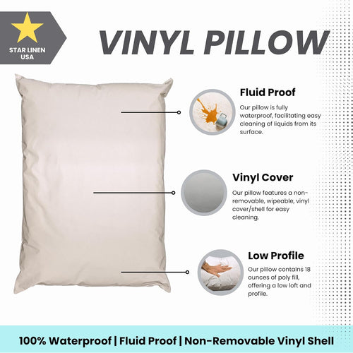 12 Pack MediCheck White Vinyl Covered Bed Pillows - Wipeable Easy Clean - Soft Low Profile Non-Fluffy Support - 20 in x 26 in