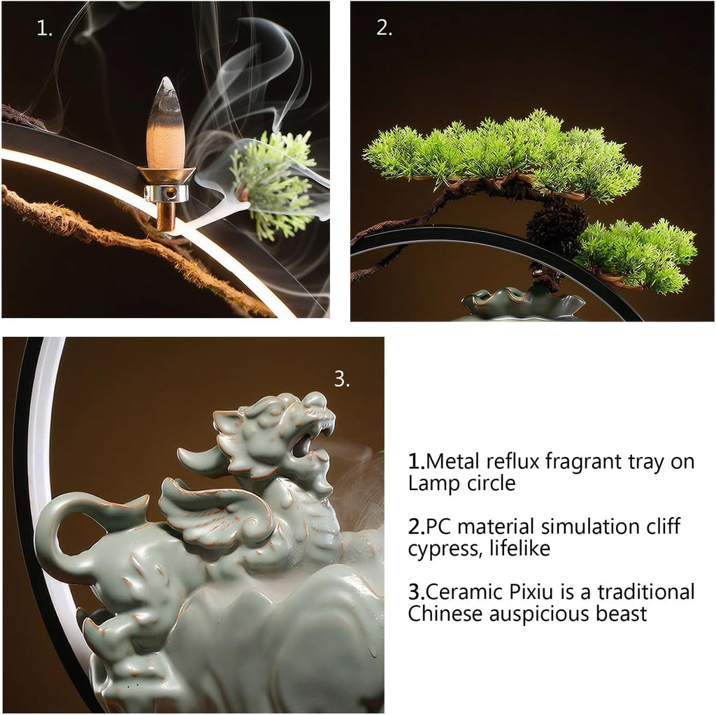 Waterfall Fountain Indoor with Mist, Tabletop Water Fountain,Desk Chinese Ceramic Pixiu Statue with LED Light Ring and Backflow Incense Burner Holder