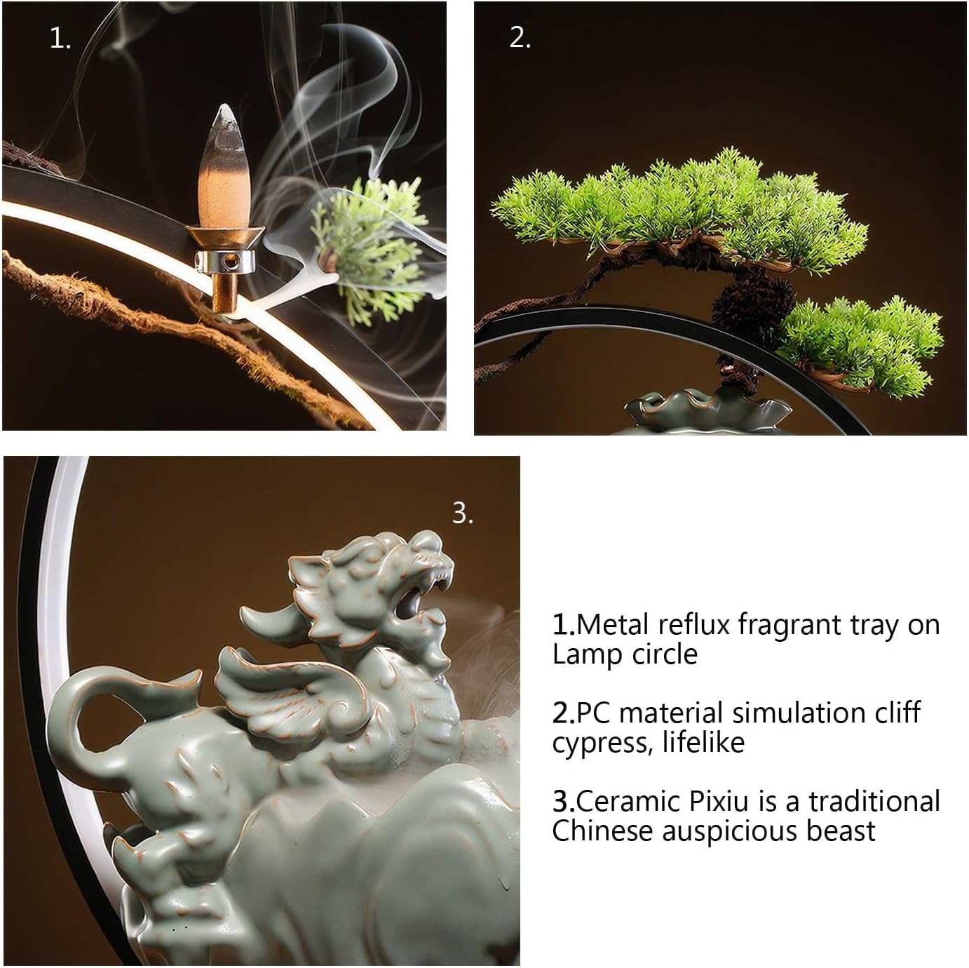 Waterfall Fountain Indoor with Mist, Tabletop Water Fountain,Desk Chinese Ceramic Pixiu Statue with LED Light Ring and Backflow Incense Burner Holder