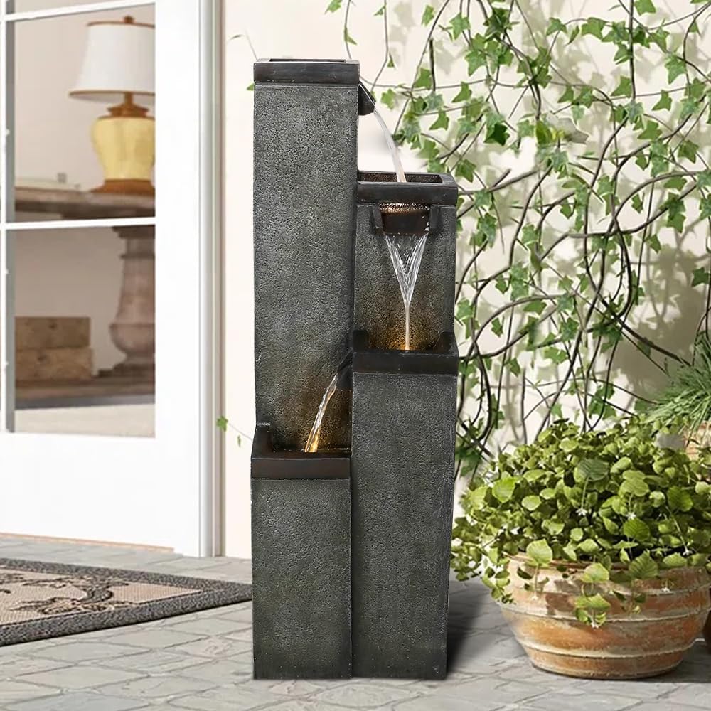 Modern Floor-Standing Water Fountain 39.3' High, Indoor Outdoor Water Fountain with Lights for Home, Garden, Patio Decor