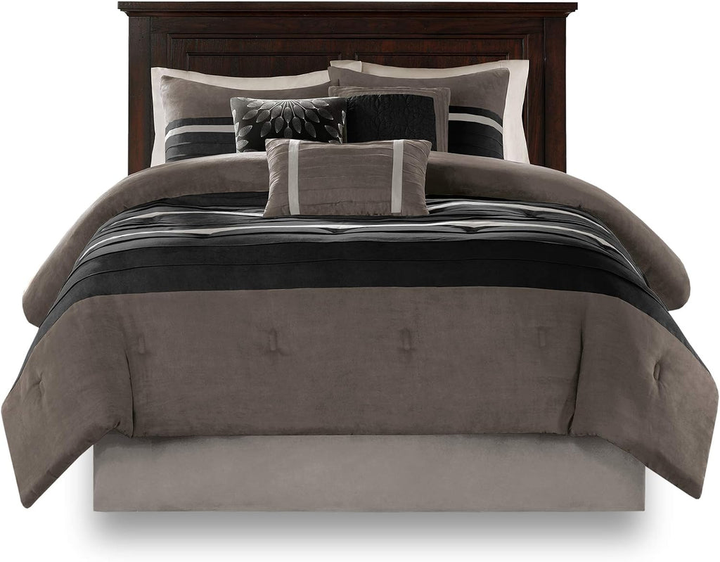 Madison Park Palmer Comforter Set - Faux Suede Design, Striped Accent, All Season Down Alternative Bedding, Matching Shams, Decorative Pillow, Bed Skirt, King (104 in x 92 in), Black 7 Piece