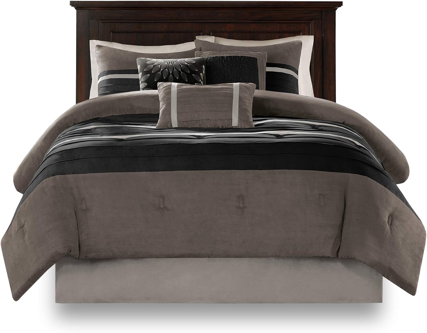 Madison Park Palmer Comforter Set - Faux Suede Design, Striped Accent, All Season Down Alternative Bedding, Matching Shams, Decorative Pillow, Bed Skirt, King (104 in x 92 in), Black 7 Piece