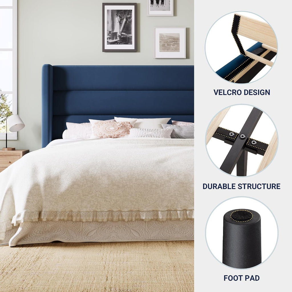 Allewie Queen Size Platform Bed Frame with Velvet Upholstered Wingback Headboard, No Box Spring Needed, Under Bed Storage Space, Wooden Slats, Modern Mattress Foundation, Easy Assembly, Blue