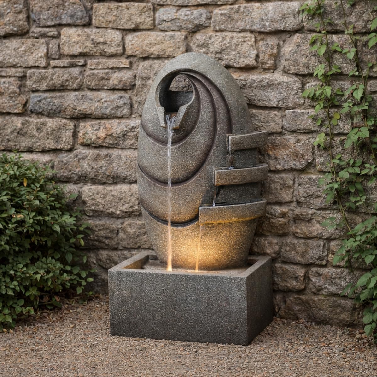 Teamson Home Modern Oval Outdoor Water Fountain–LED Light with Adjustable Flow & Electric Pump, Gray