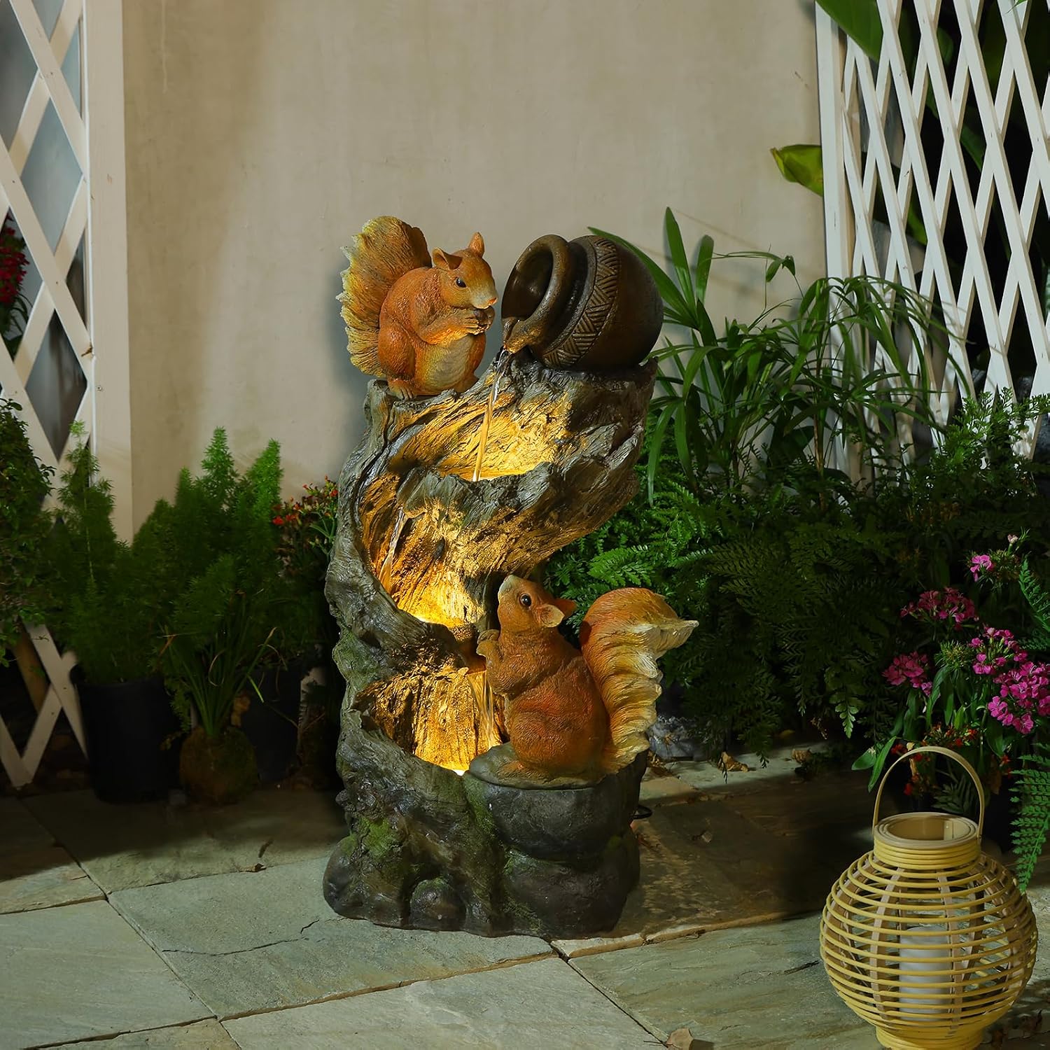 Tankana 30.5' H Squirrel Outdoor Water Fountain, Rustic Tree Stump Cascading Waterfall with LED Lights, Animal Water Feature for Patio, Yard, Porch and Deck Decor, Sculpture Resin Floor Fountain