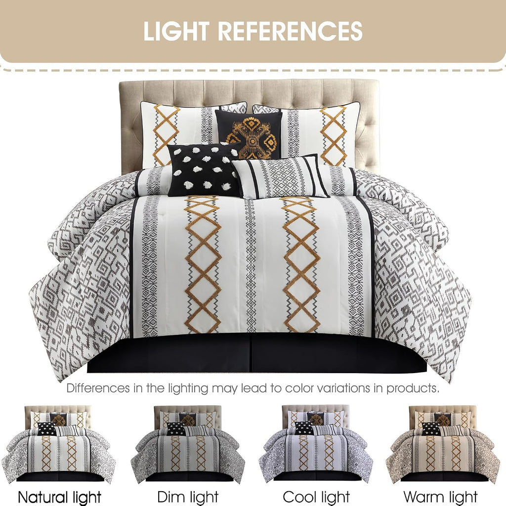 Grand Avenue Black Gold Comforter Set California King Size, 7 Piece Terry Embroidery All Season Bedding Set, Bedskirt, Pillows & Shams